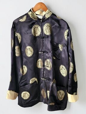 Flower Rain Satin Tang Suit Asian Jacket Womens 2XL Mens XL Black Gold Unisex